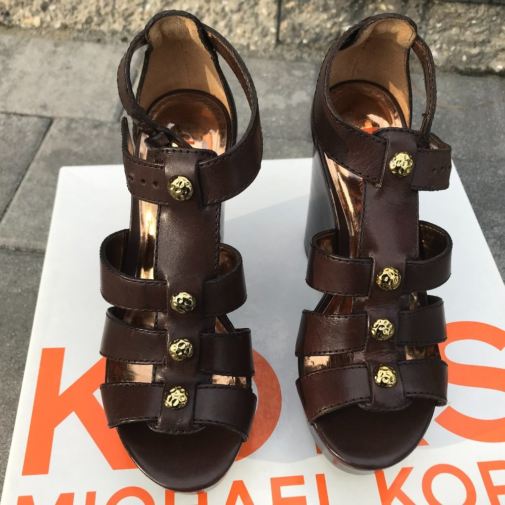MICHAEL KORS VICTORIA STYLE BROWN PLATFORM WEDGE SANDAL SIZE 5